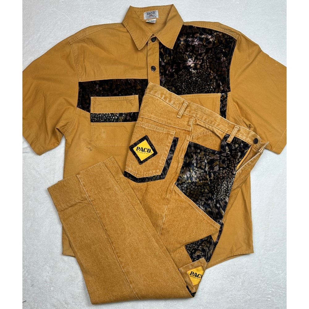 Vintage PACO‎ Men's Mustard Yellow Patchwork Jeans & Button Up Shirt Set Size L